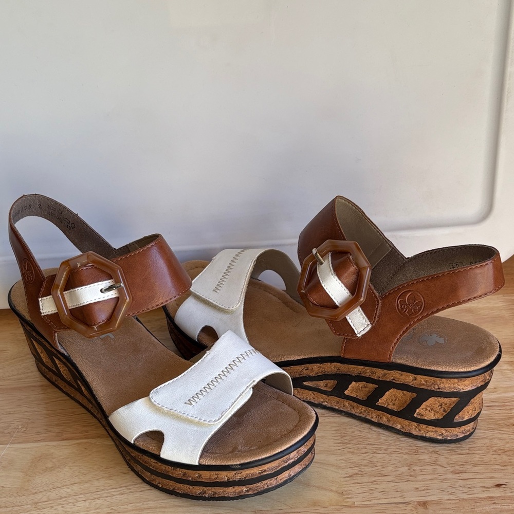 Rieker Brown and White Wedge Sandals